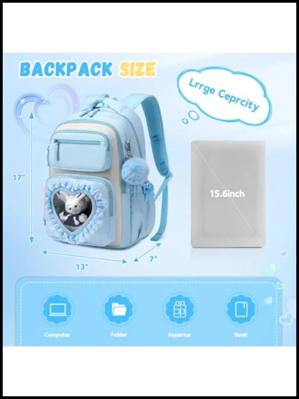 Cute Kawaii Backpack for Girls School, 17 Inch Bowknot Bookbag with Heart